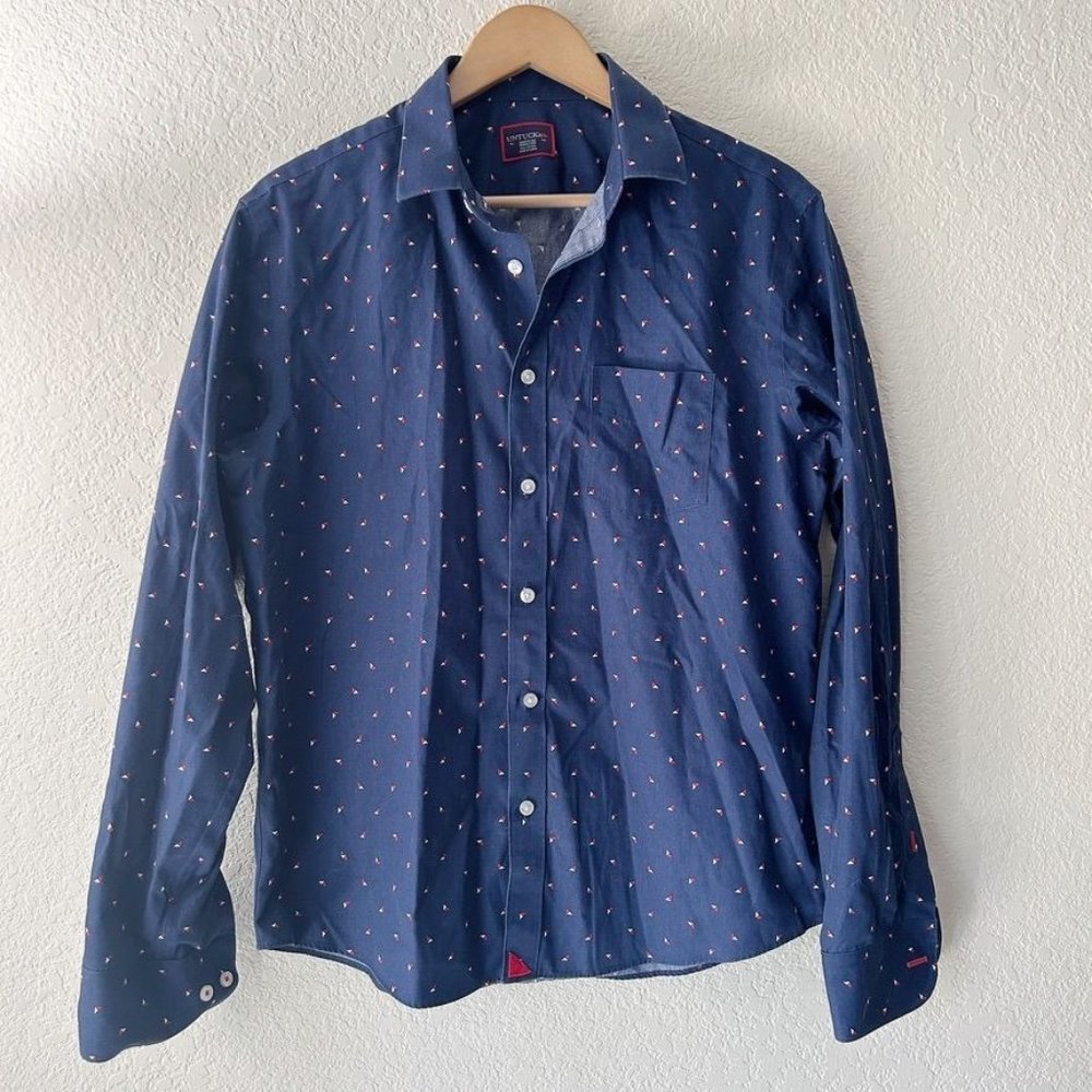 Untuckit Men's Navy Blue Long Sleeve Button Up With Geometric Pattern Size M